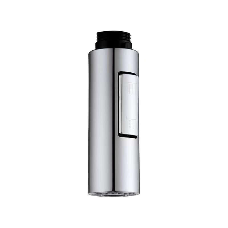 Stainless steel kitchen faucet head with adjustable spray settings on white background