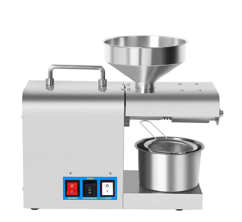 Stainless steel electric oil press machine with funnel, mesh strainer, and control switches
