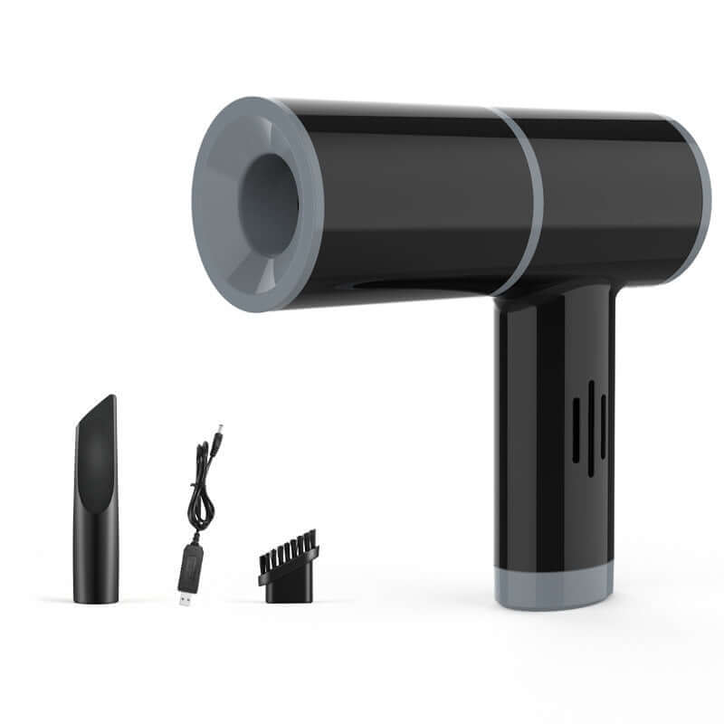 Black handheld mini vacuum cleaner with nozzle, brush, and USB cable on white background