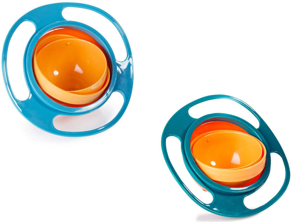Gyro bowl spill-proof kids snack container with orange inner bowl and blue handles