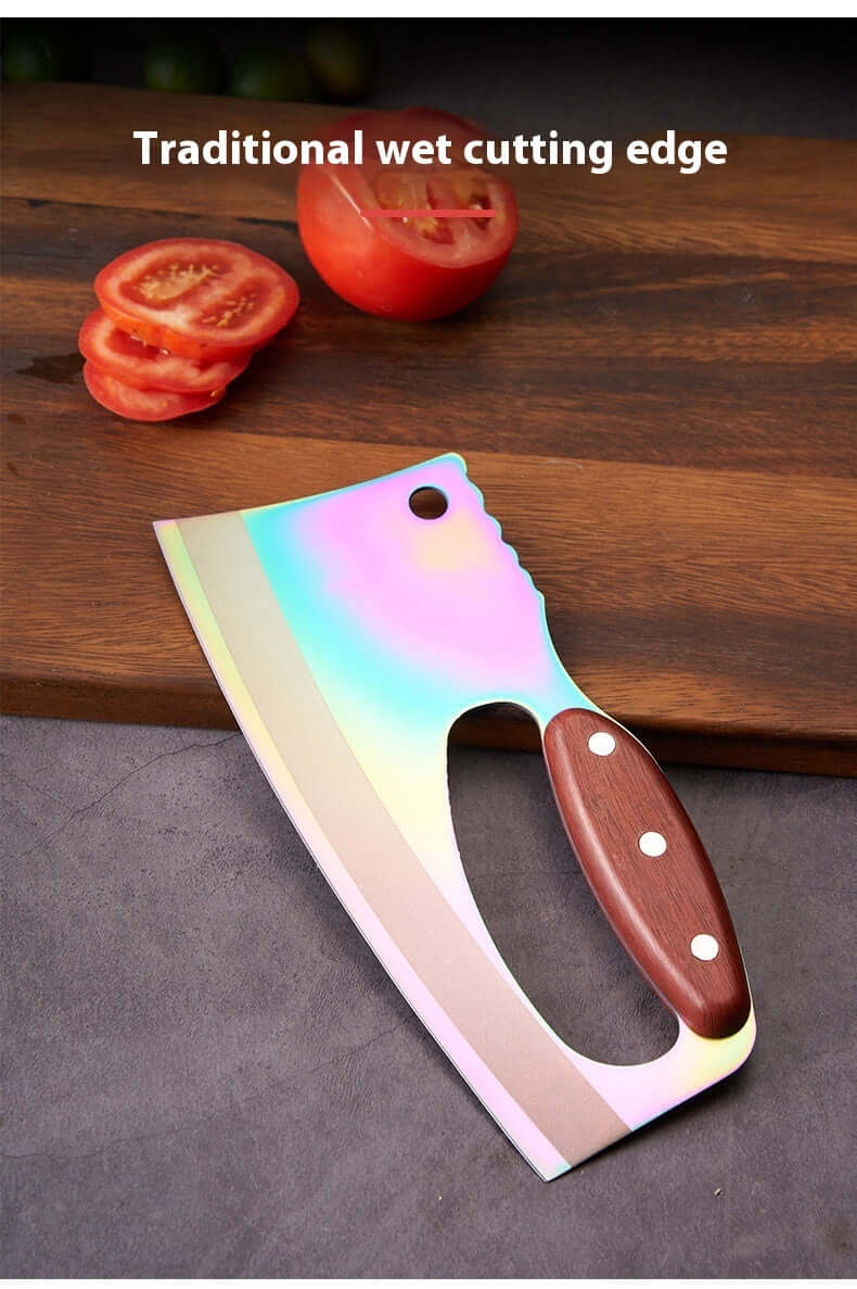 Rainbow cleaver knife with wooden handle on cutting board beside sliced tomato, kitchen accessory