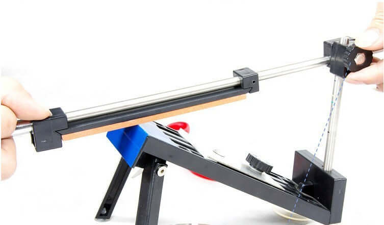Adjustable knife sharpening system with metal rods and sharpening stone for kitchen use