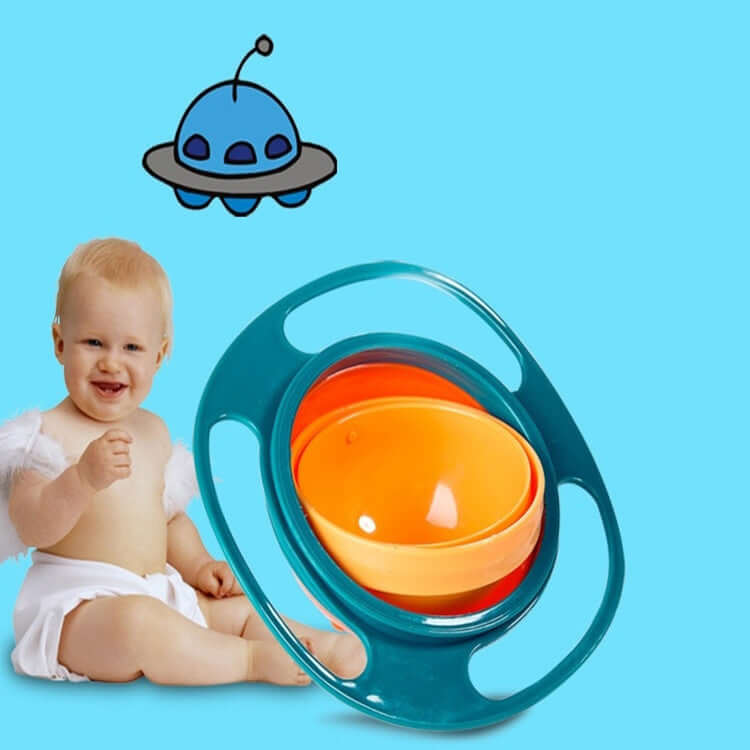 Baby next to orange spill-proof rotating bowl on blue background with cartoon UFO
