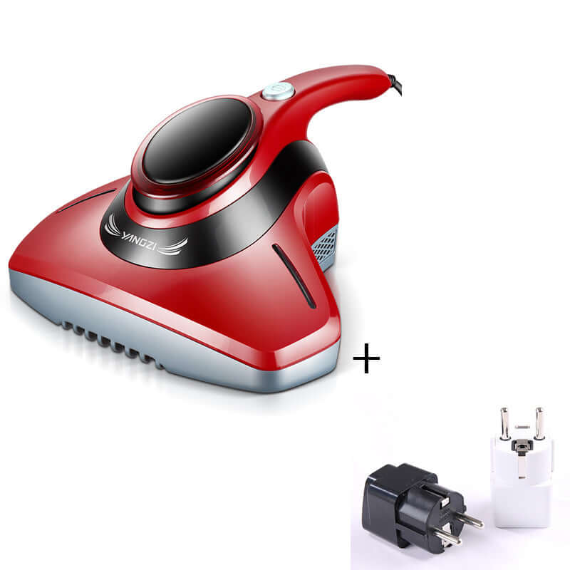 Red handheld vacuum cleaner with European plug adapters for kitchen or home cleaning