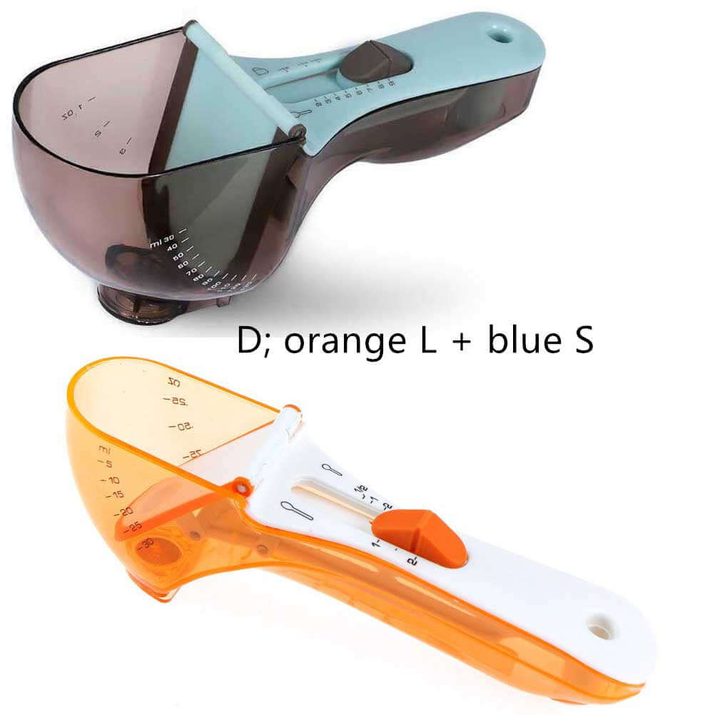 Adjustable measuring scoop set with blue and orange handles, featuring measurement markings.