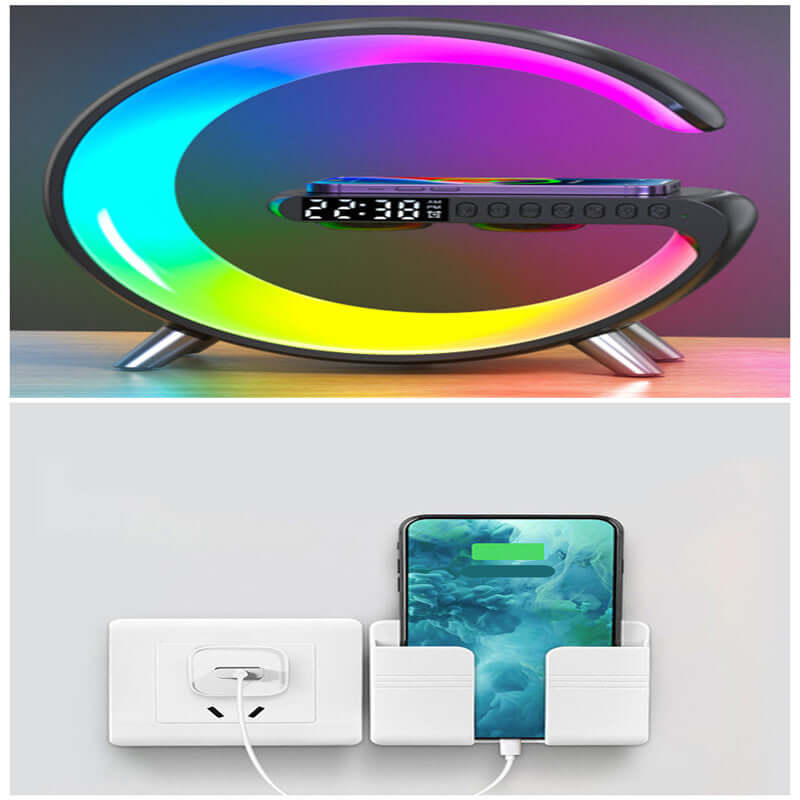 Modern LED alarm clock with wireless charging and wall-mounted phone holder charging an Android device.
