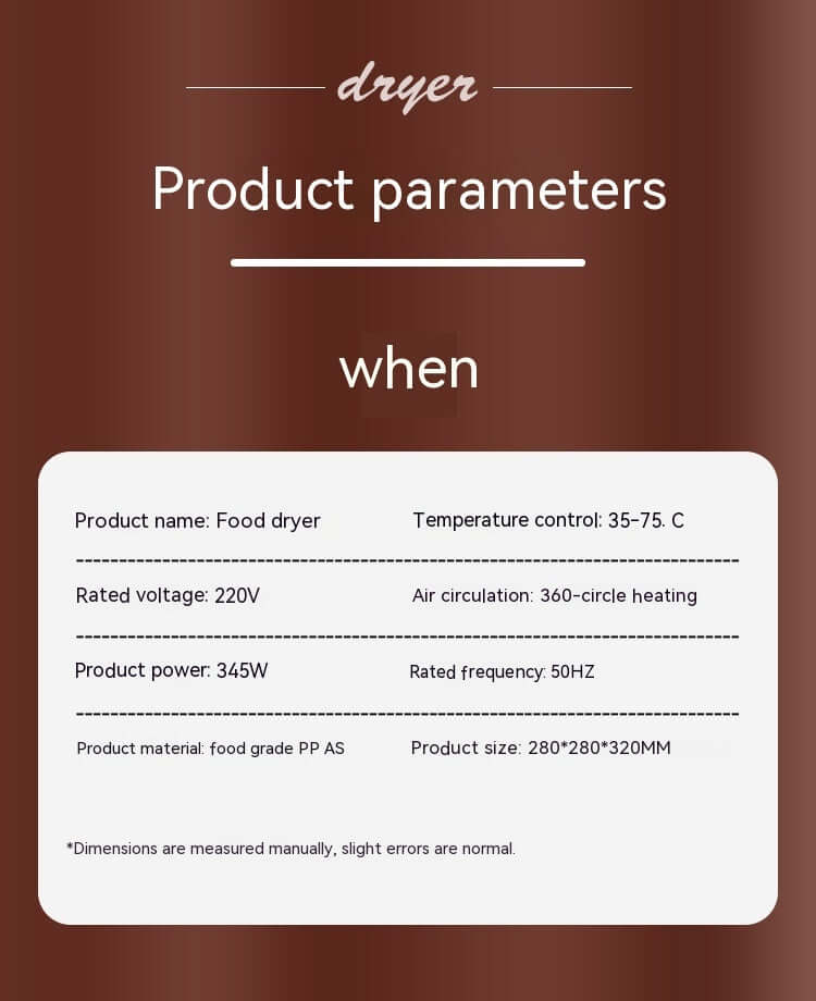 Food dryer product specifications including voltage, power, size, and temperature range.