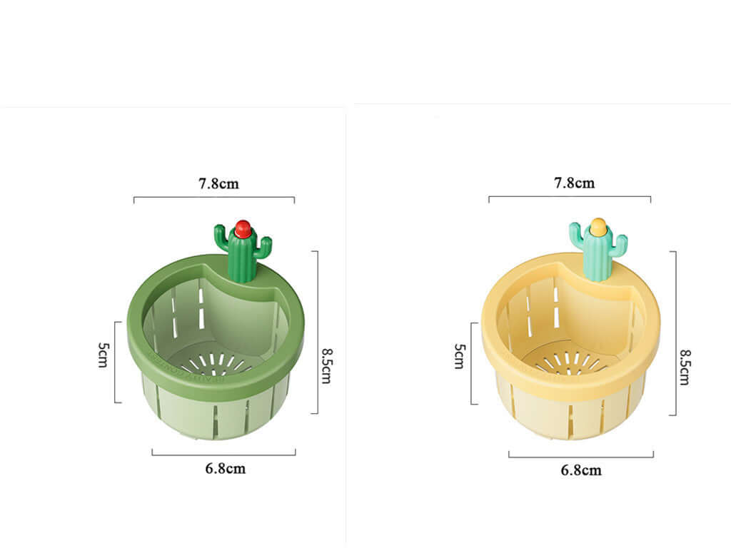 Two cactus-shaped kitchen sink strainers, green and yellow, with dimensions shown