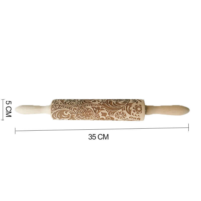 Wooden embossed rolling pin with floral pattern, 35 cm length, 5 cm diameter, kitchen tool