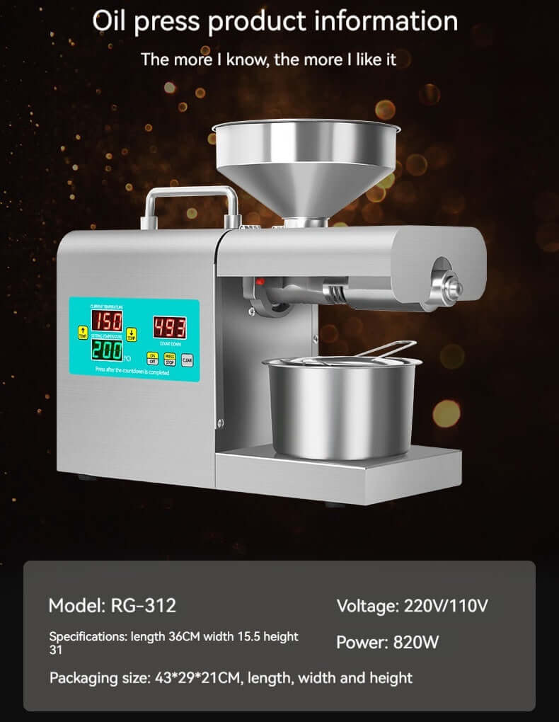 Stainless steel electric oil press machine with digital display, model RG-312, on dark background.