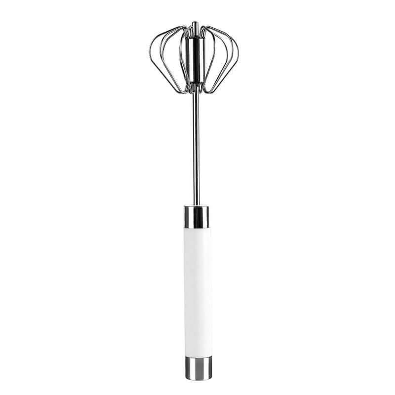 Stainless steel hand whisk with white handle kitchen utensil on white background