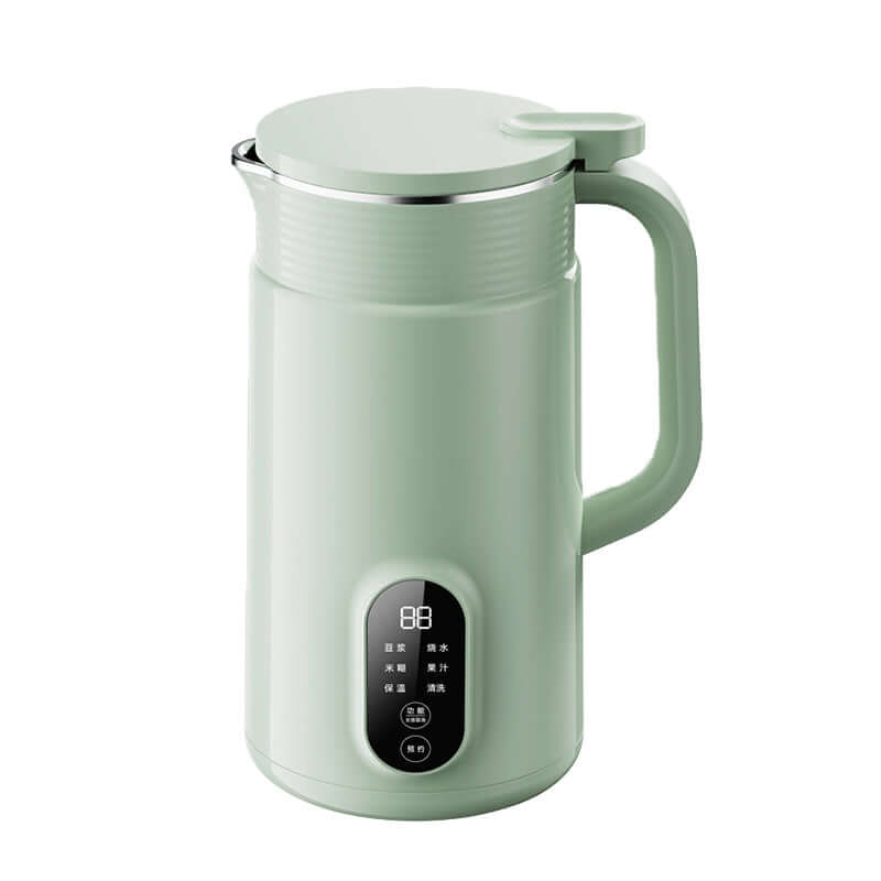 Modern electric kettle with digital display and handle, mint green kitchen appliance