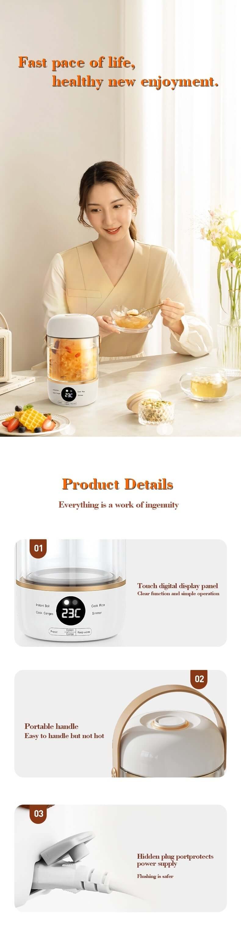Digital kitchen appliance with touch display panel, portable handle, and hidden plug port on a countertop.