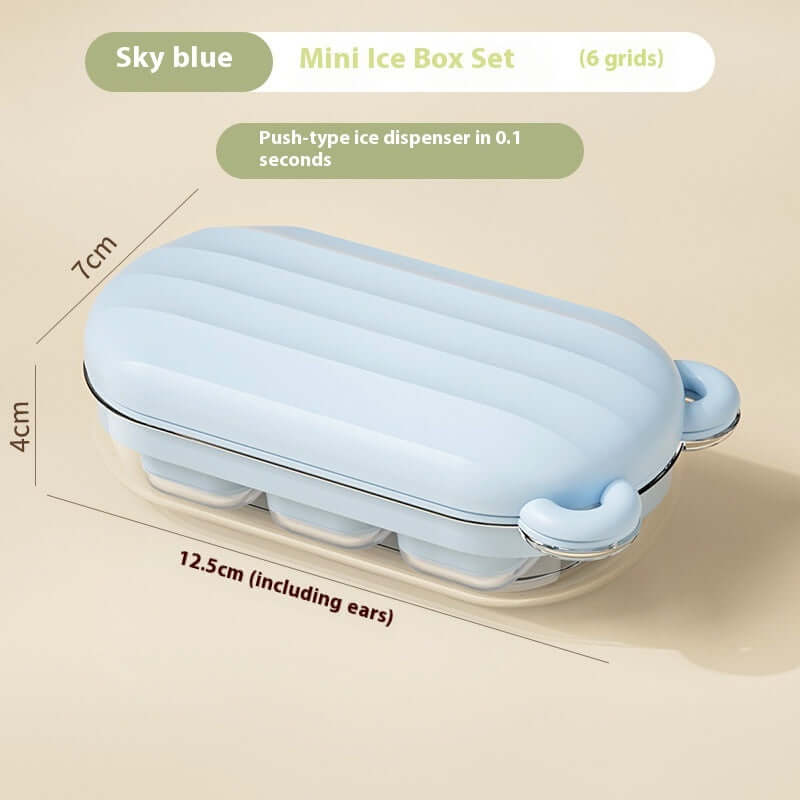 Sky blue mini ice box set with 6 grids, push-type dispenser, compact kitchen accessory