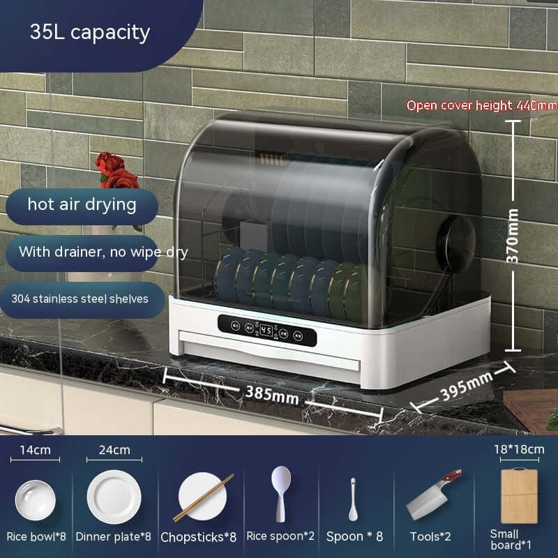 Electric dish dryer with 35L capacity, hot air drying, stainless steel racks, on kitchen counter