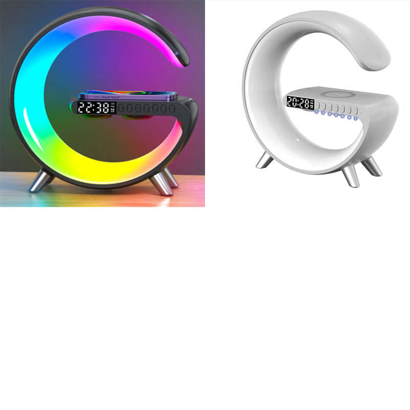 Two modern G-shaped alarm clocks with LED display and wireless charging, one with multicolor LED light, on a table.