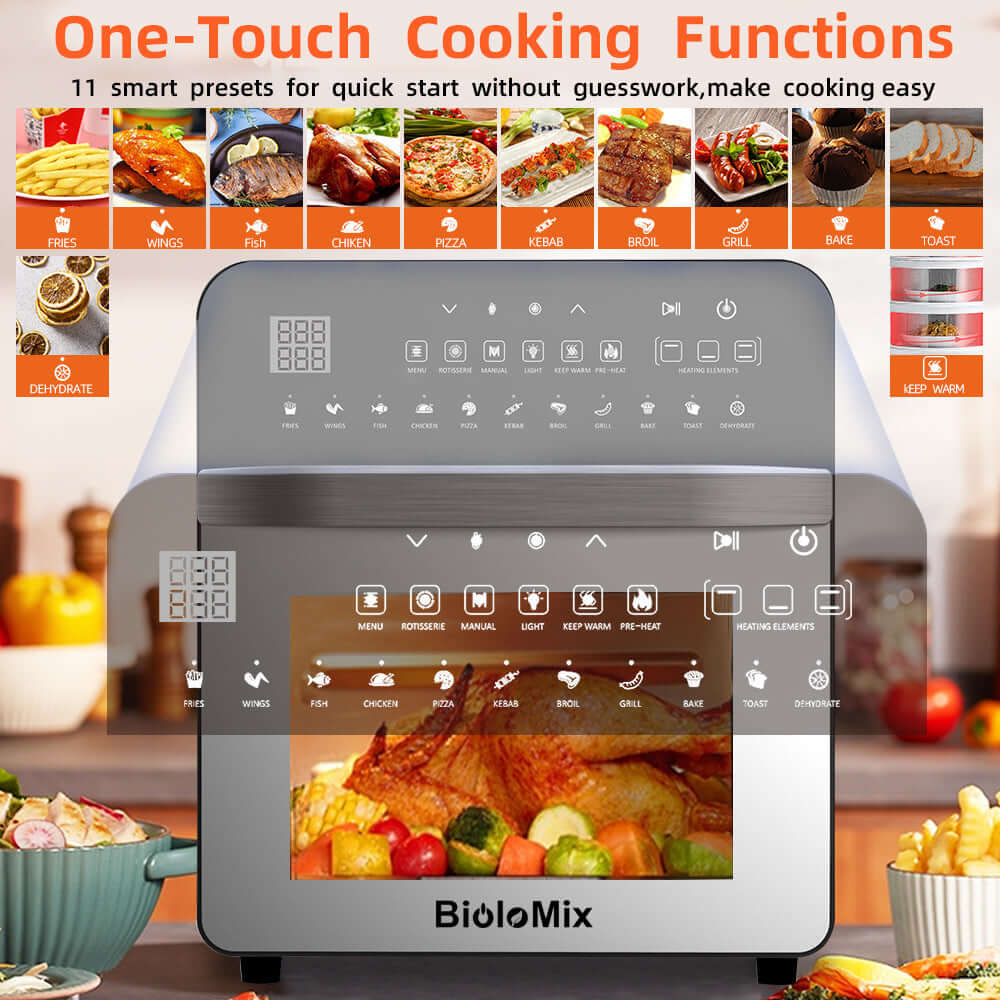 Countertop air fryer oven with digital display, preset cooking functions, and roast chicken inside