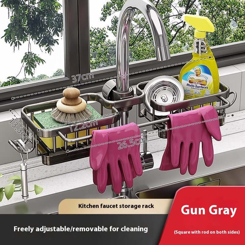 Gun gray kitchen faucet storage rack with sponge holder, gloves, and cleaning spray