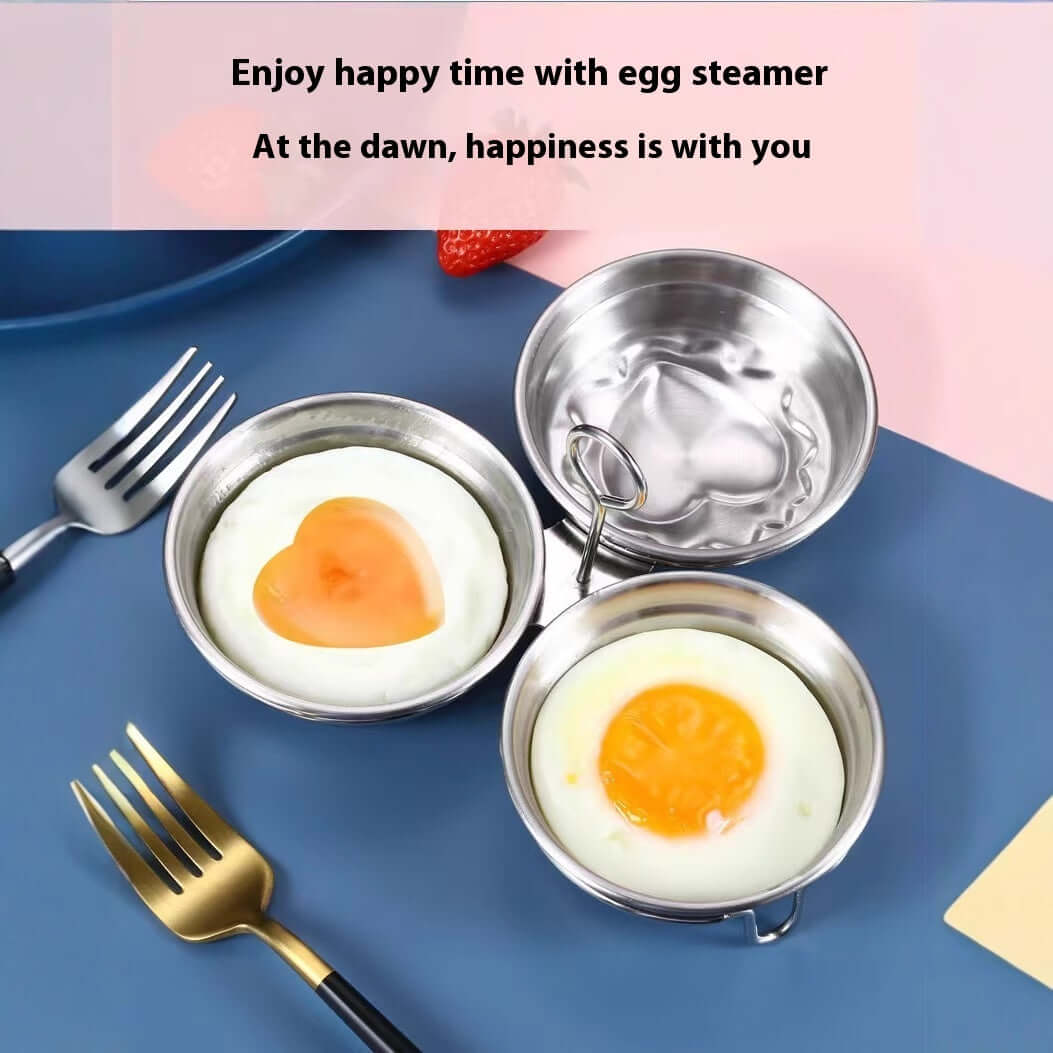 Stainless steel egg steamer mold with poached eggs, heart-shaped yolk, and kitchen forks