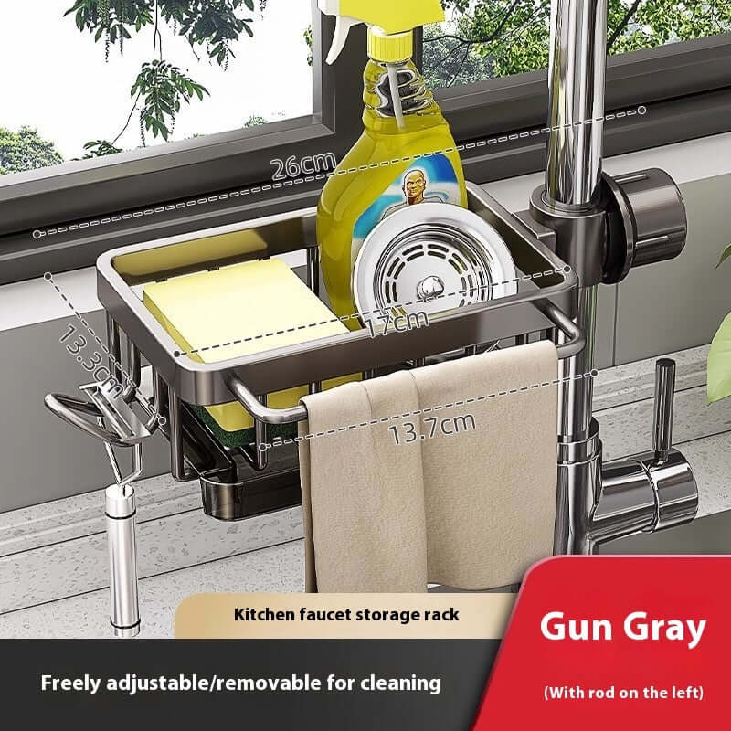 Gun gray kitchen faucet storage rack holding sponge, dish soap, and towel, with adjustable design.