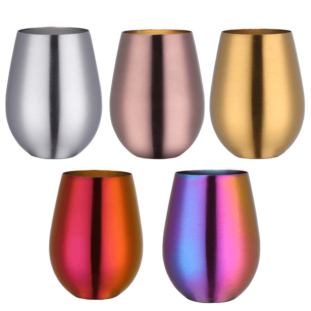Set of five stainless steel stemless wine cups in assorted metallic colors