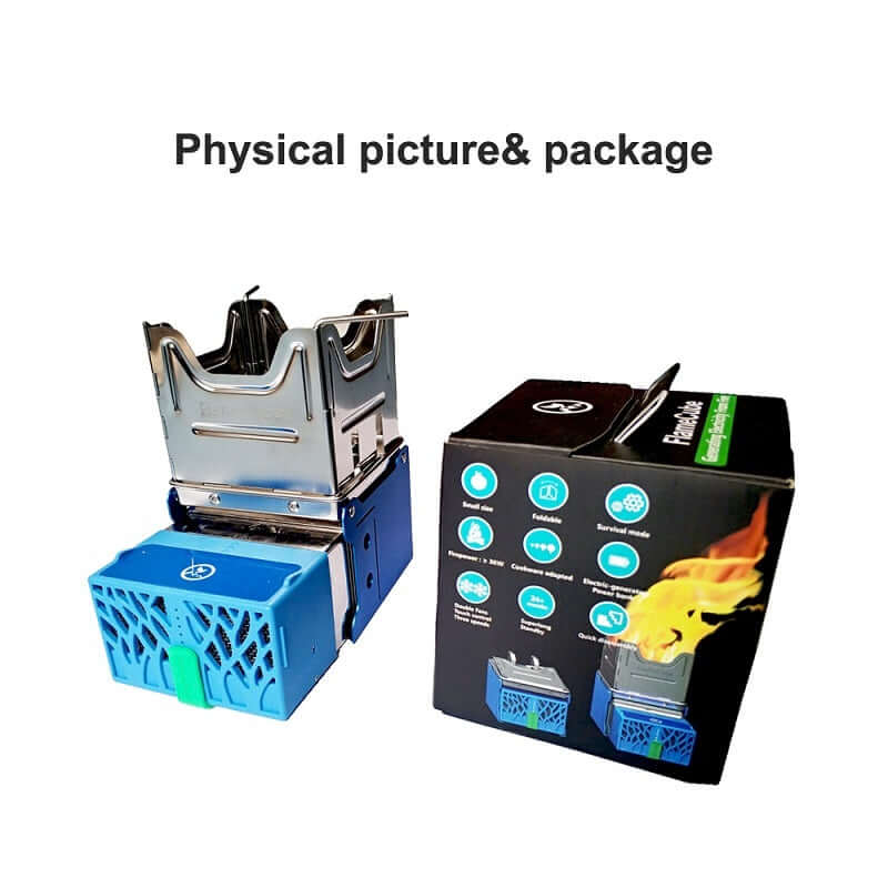 Portable folding camping stove with blue base next to original packaging on white background.