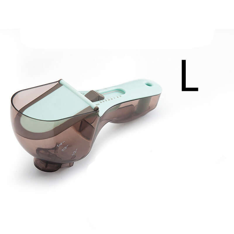 Adjustable measuring spoon kitchen accessory in mint green and brown, size L, on white background