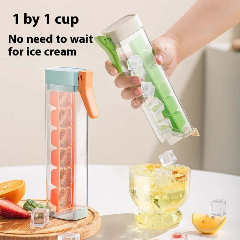 Hand using plastic ice cube dispenser to add ice cubes to a glass, kitchen accessories visible.