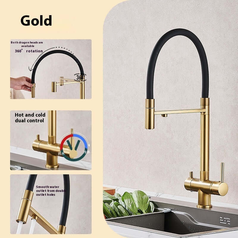 Gold kitchen faucet with black hose, 360-degree rotation, hot and cold dual control, double outlet, modern sink accessory.
