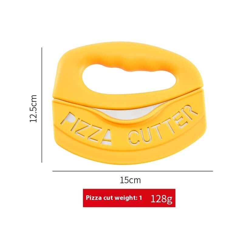 Yellow pizza cutter with ergonomic handle, labeled, 15cm wide, 12.5cm tall, 128g weight