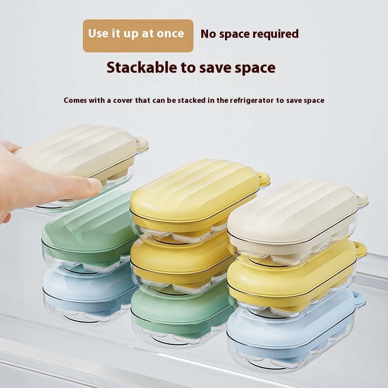 Stackable colorful food storage containers with lids organized in a refrigerator