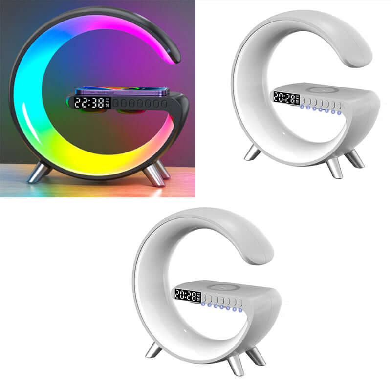 G-shaped LED alarm clock with wireless charging, digital time display, and modern design