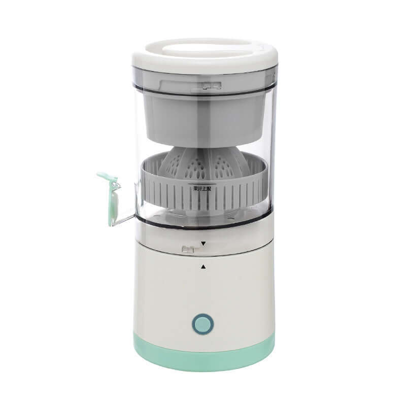 Electric citrus juicer with transparent container and mint base, modern kitchen appliance