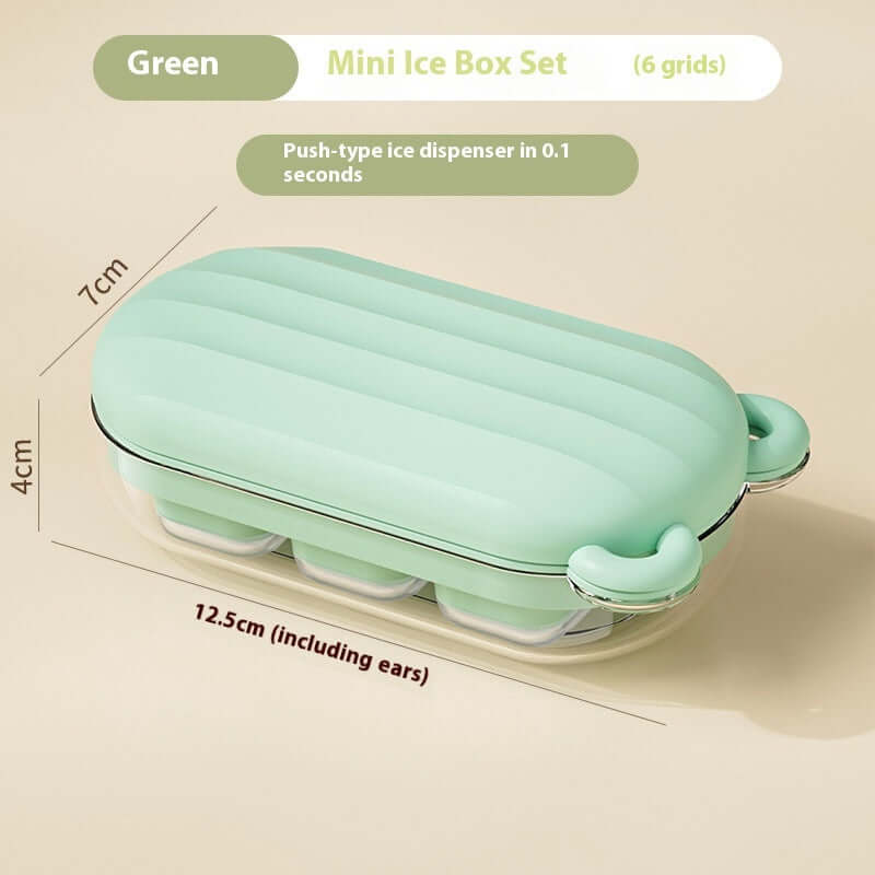 Green mini ice box set with six grids, compact ice dispenser, 12.5cm by 7cm by 4cm.