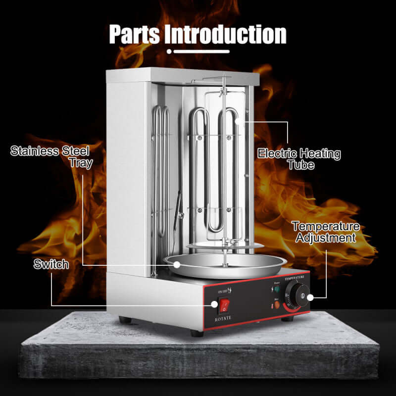 Electric vertical rotisserie machine with labeled parts, stainless steel tray, heating tube, and temperature control, kitchen appliance.