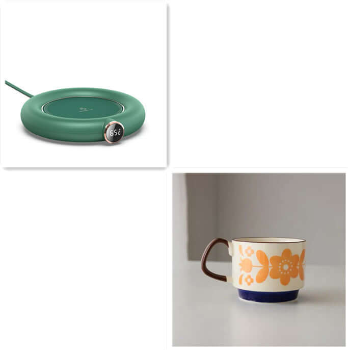 Green mug warmer with digital display and floral ceramic coffee mug on table