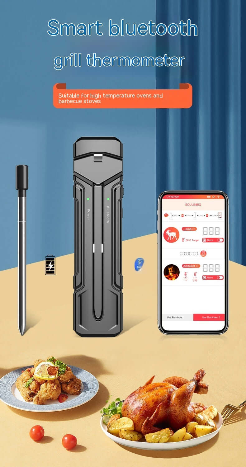 Smart bluetooth grill thermometer with probe, smartphone app, roasted chicken and potatoes on table
