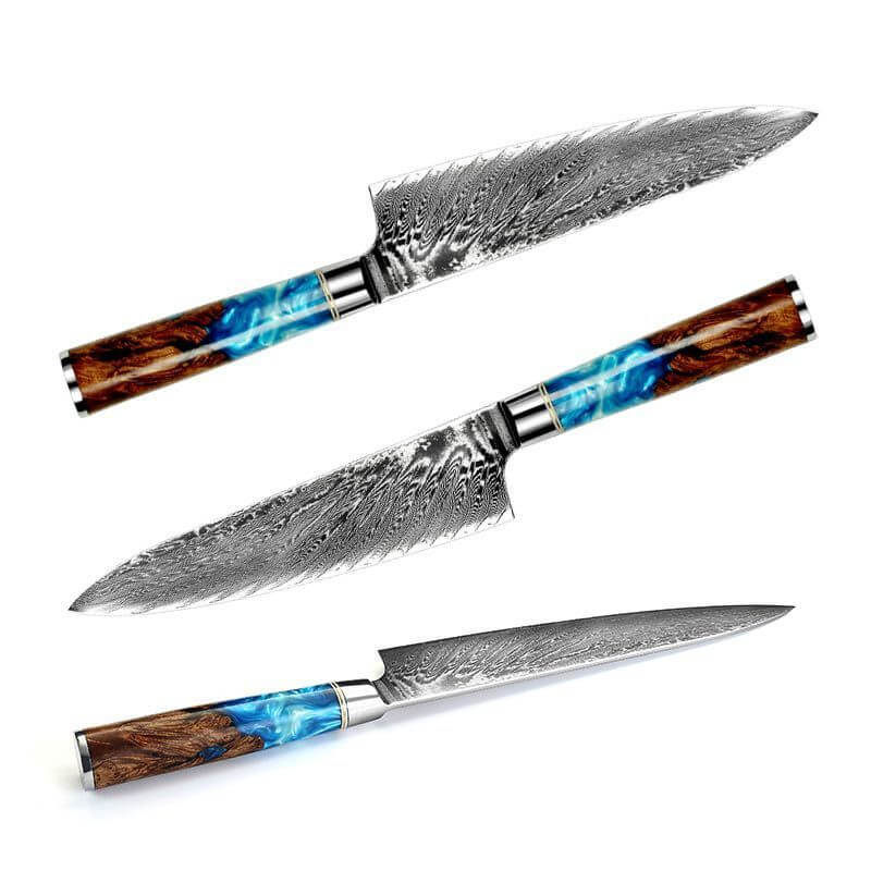 Damascus steel kitchen knives with blue resin and wood handles on white background