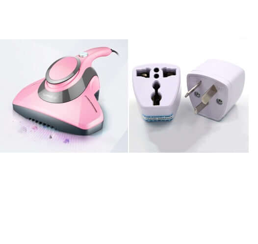 Pink handheld vacuum cleaner for kitchen with universal power plug adapters on white background