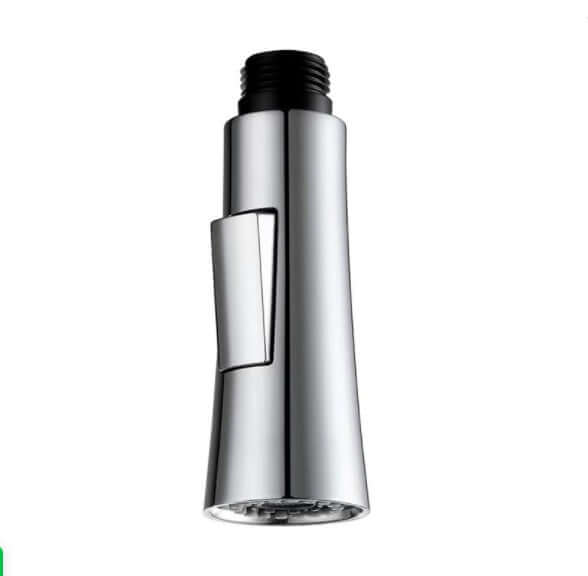 Chrome kitchen faucet spray head replacement with button and nozzle on white background