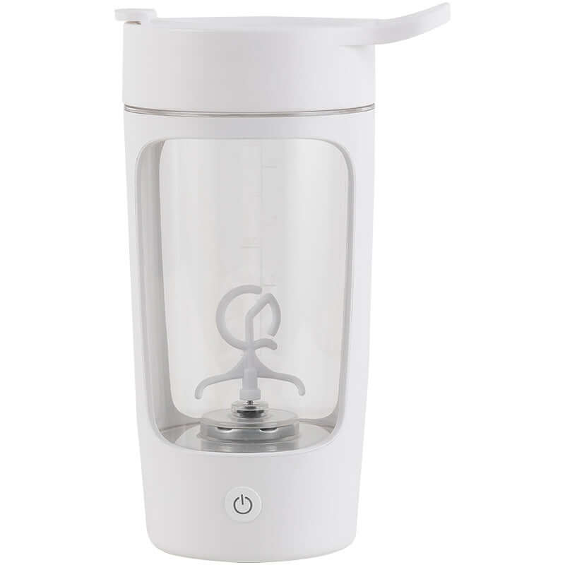 White portable electric blender for kitchen use with clear container and power button