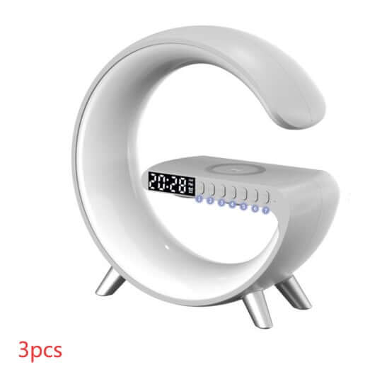 Modern white digital alarm clock with LED display and unique circular design, 3 pieces