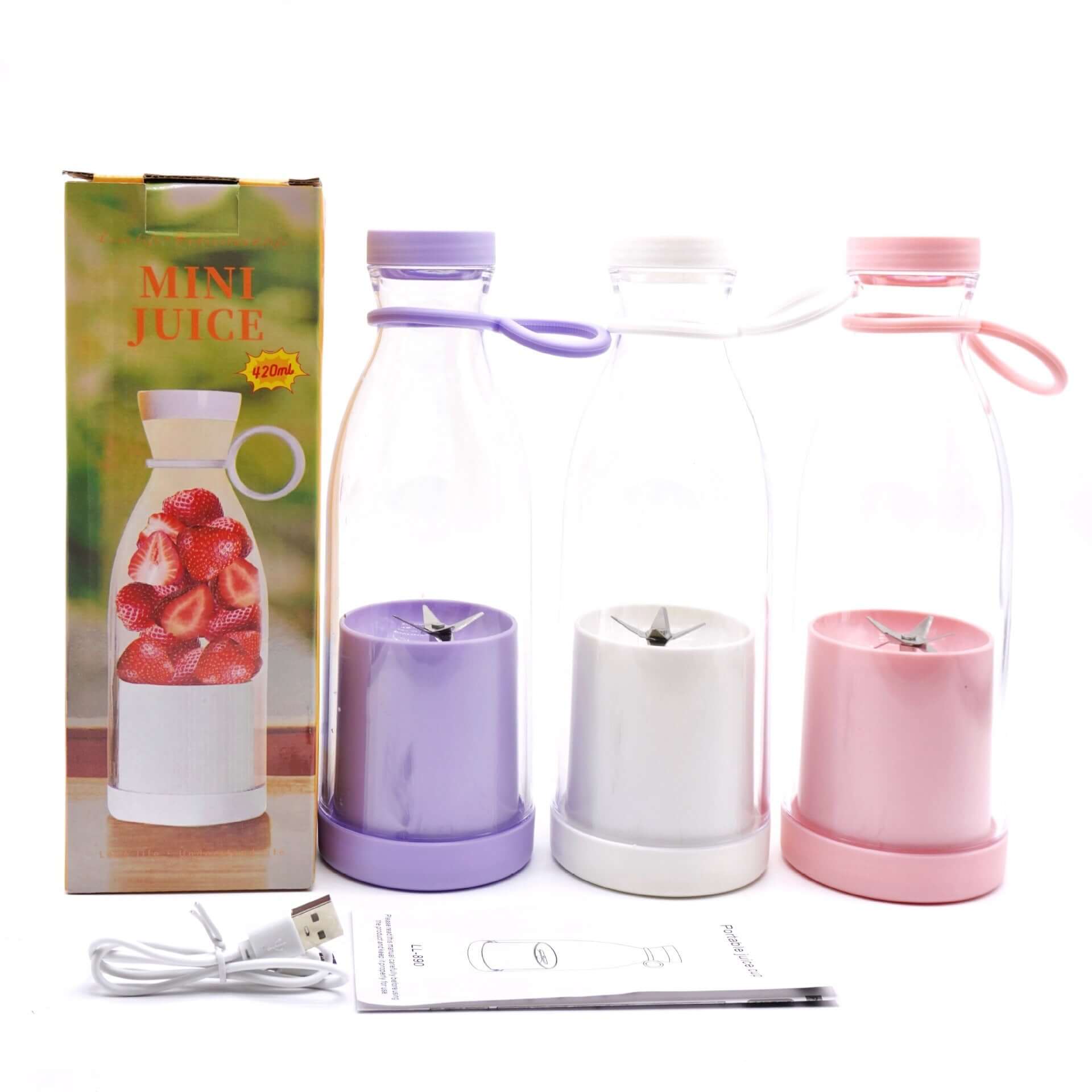 Mini juice portable blender bottles in purple, white, and pink with USB cable and box