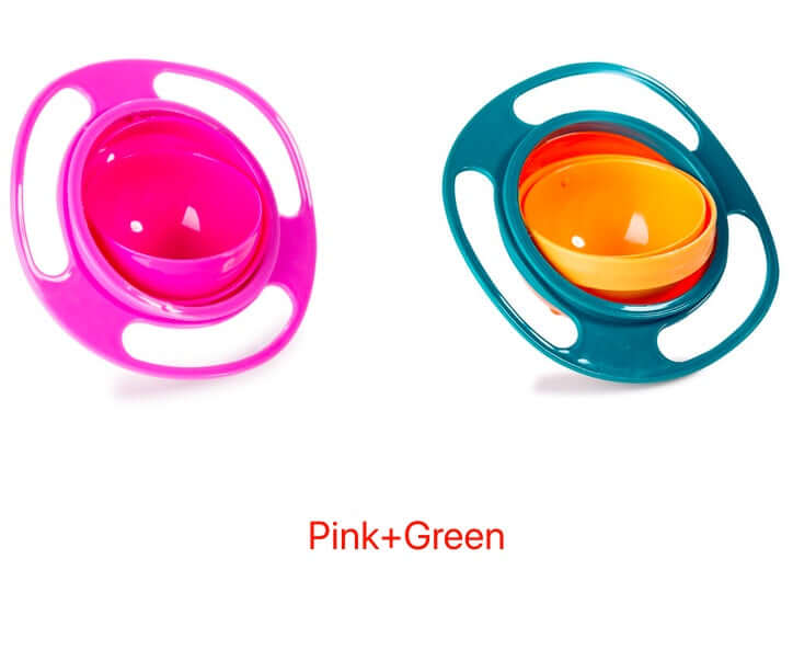 Gyro bowls for kids, one pink and one green, with spill-proof design and handles