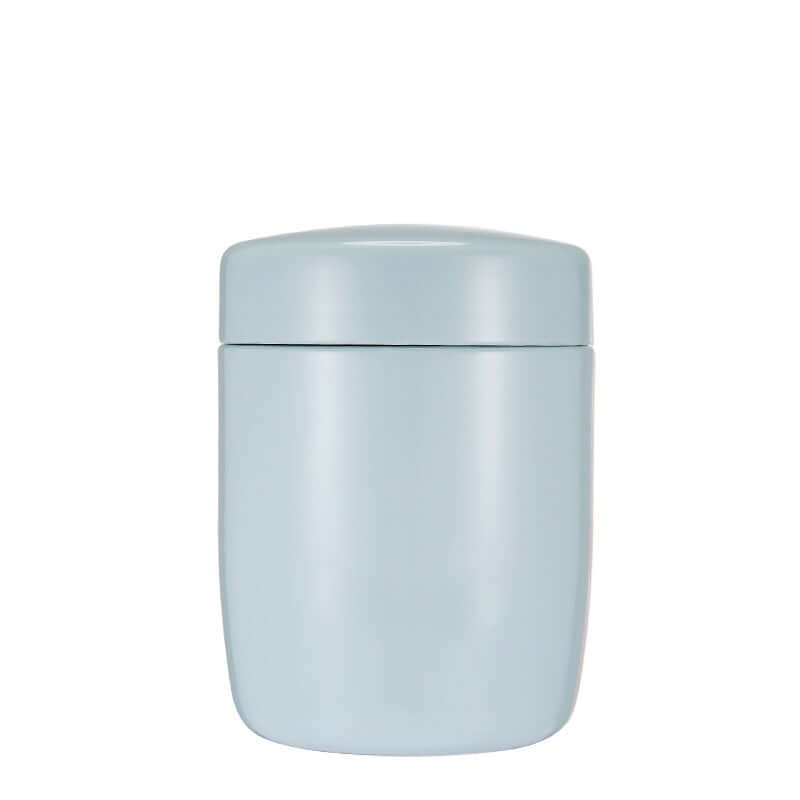 Light blue insulated food jar with lid, kitchen storage container on white background