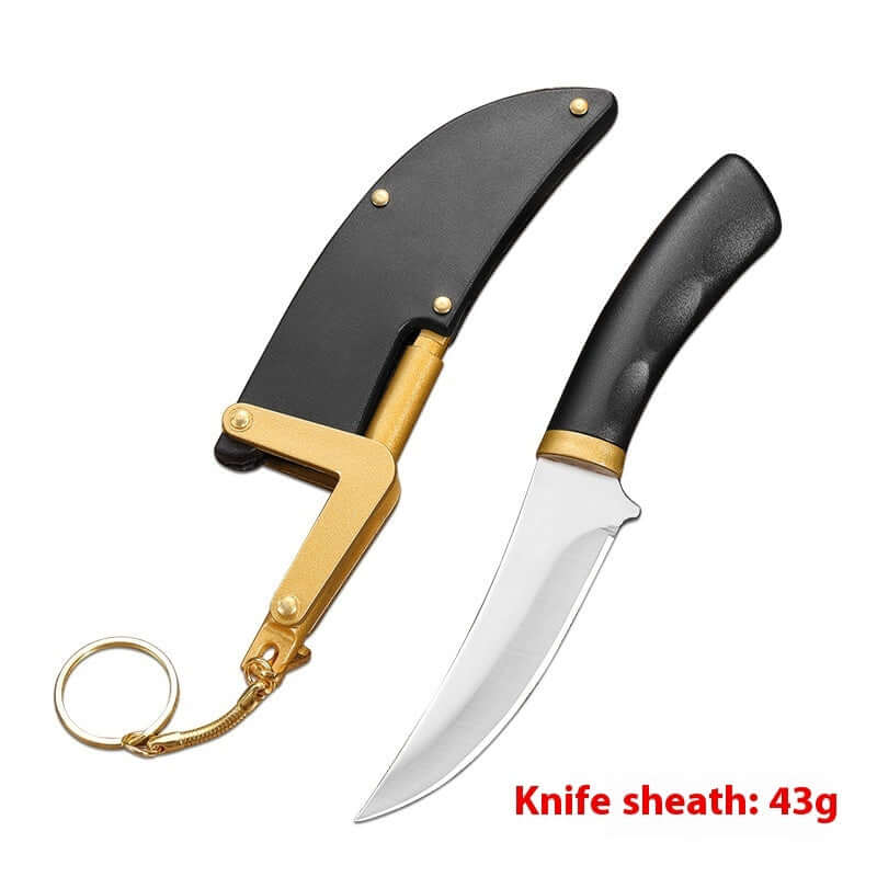 Curved kitchen knife with black handle and gold-accented sheath, keychain attached