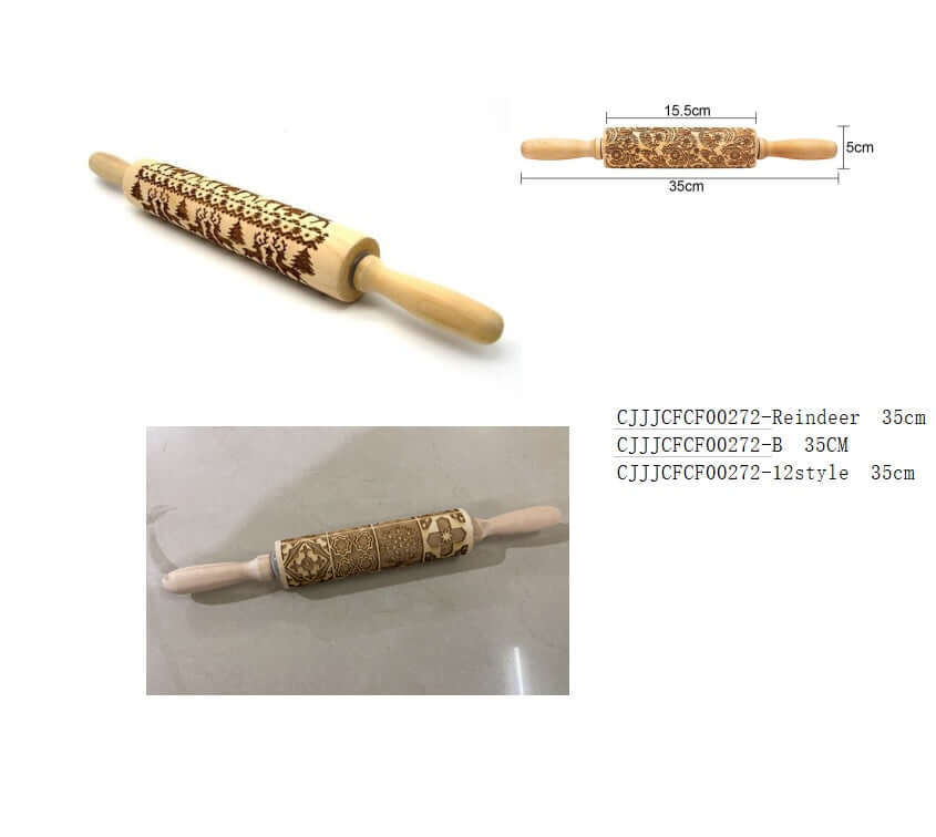 Wooden embossed rolling pins with engraved holiday patterns, 35cm kitchen baking accessory