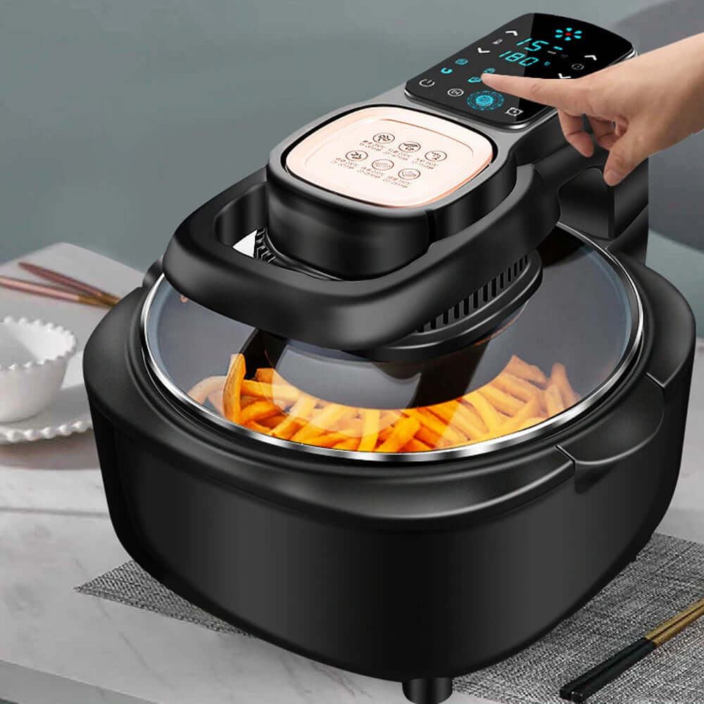 Touchscreen air fryer cooking French fries on a kitchen table, modern kitchen appliance