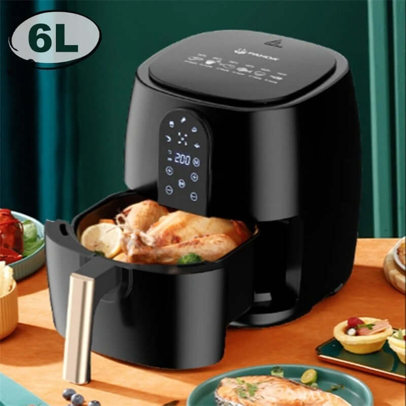 6L digital air fryer with whole chicken inside, black touchscreen kitchen appliance