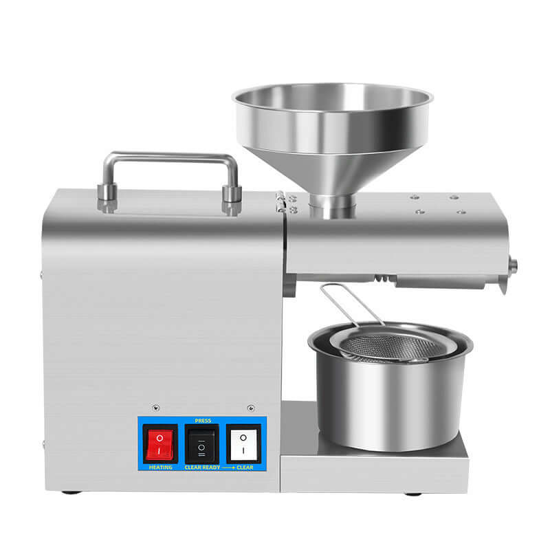 Stainless steel oil press machine with funnel, control buttons, and collection container.
